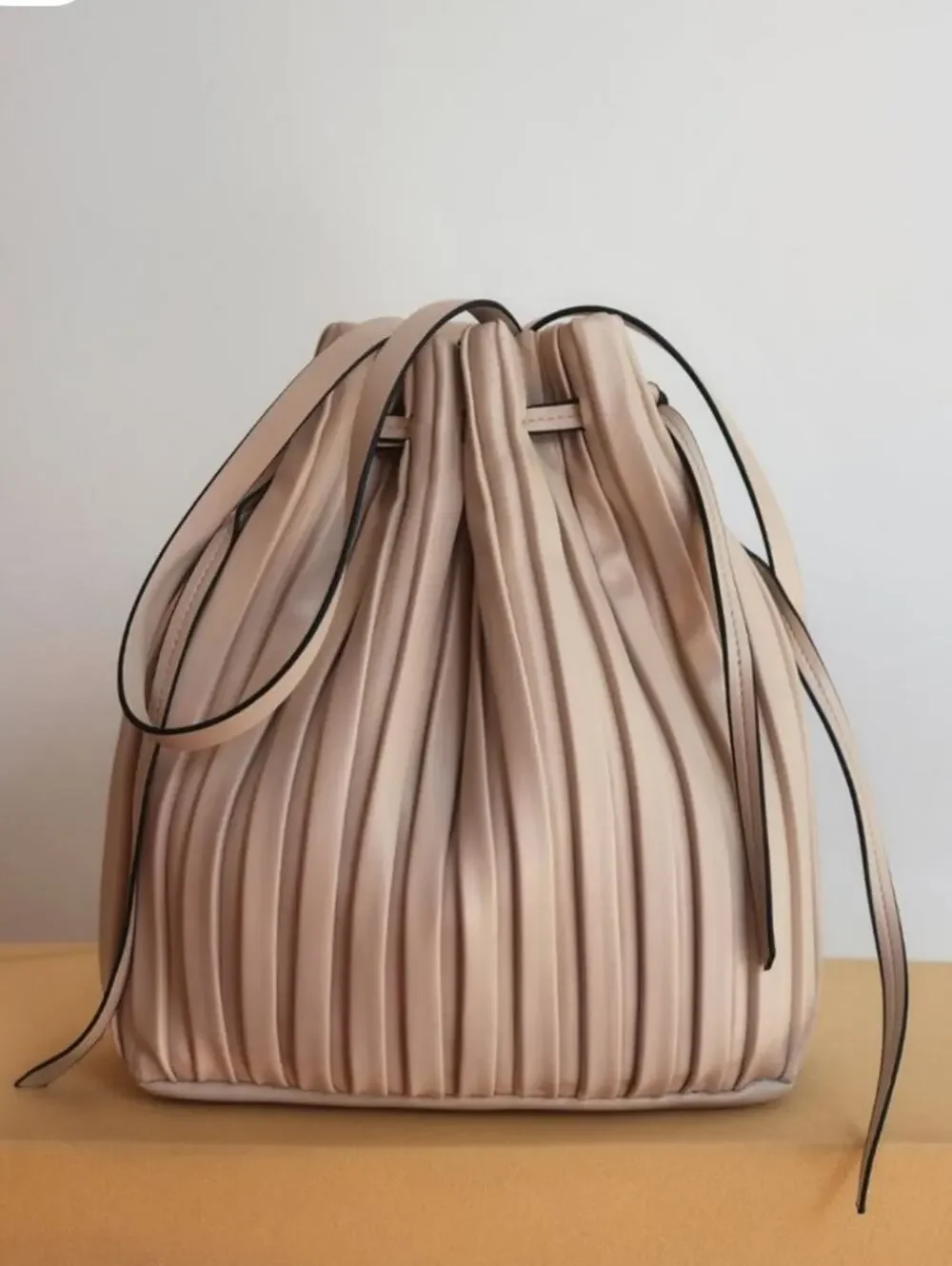 Zara Pleated Bucket Purse In Beige